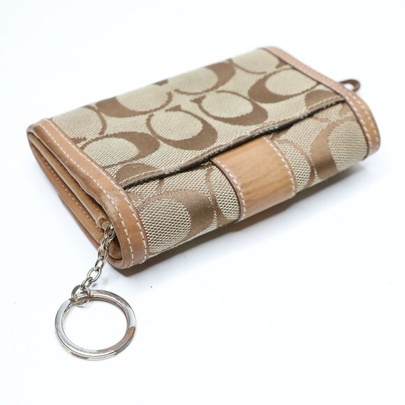 COACH Signature Y2K Canvas Bi Fold Wallet Khaki Brown Leather Trim Coins Keyring - Picture 11 of 13